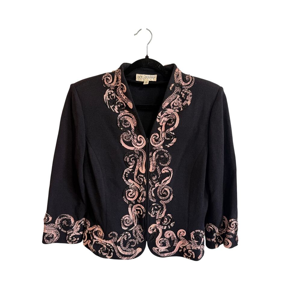St.John Collection Zip Up Jacket Sz 8 Black Pink Accent Short Chic Dressy